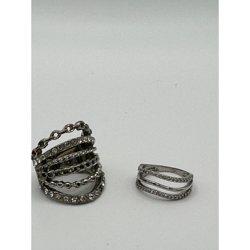 Silver Tone Rhinestone Stretch Multi Strand & Triple Band Ring Set 2pc